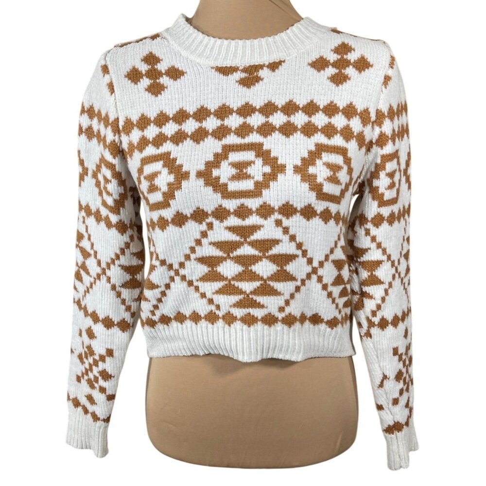 Altar'd State Cropped Sweater Tribal Print Size S Small Gold Cream